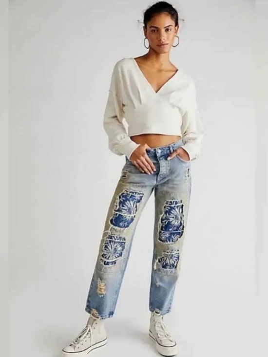 Free People Denim - Free People Desert Rose Floral Patchwork Distressed Straight Leg Jeans